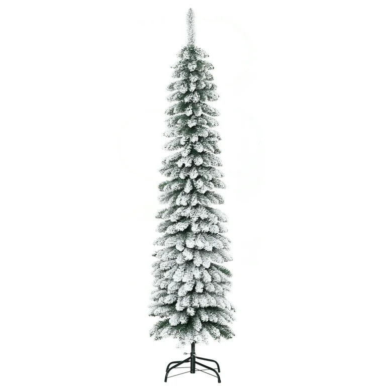 HOMCOM 6 Foot Snow-Flocked Artificial Christmas Tree, Slim Pencil Xmas Tree with 395 Realistic Br... | Walmart (US)