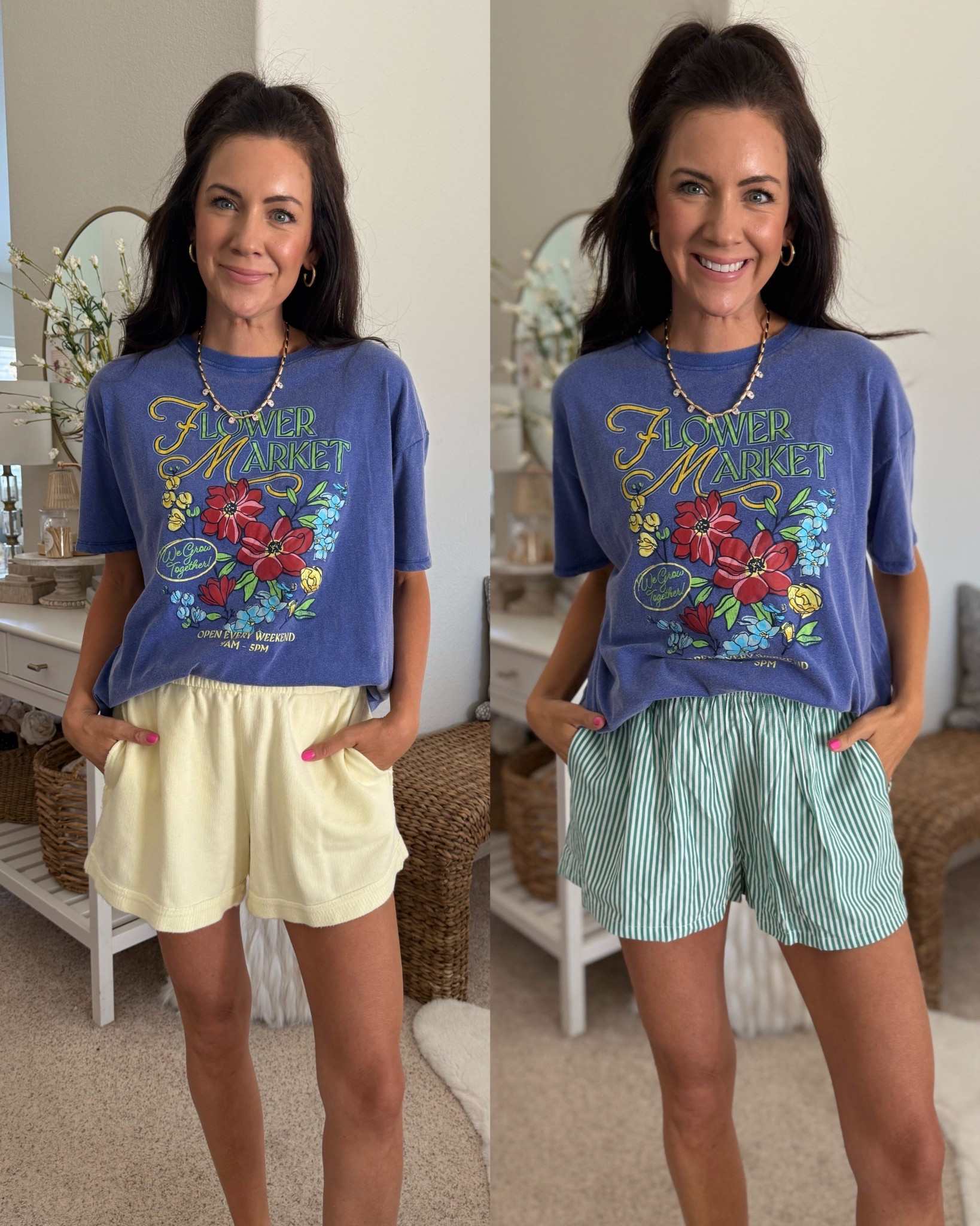Medium graphic tee
Yellow shorts small
$8 shorts in a medium 

#LTKmomlife #LTKootd #LTKSeasonal