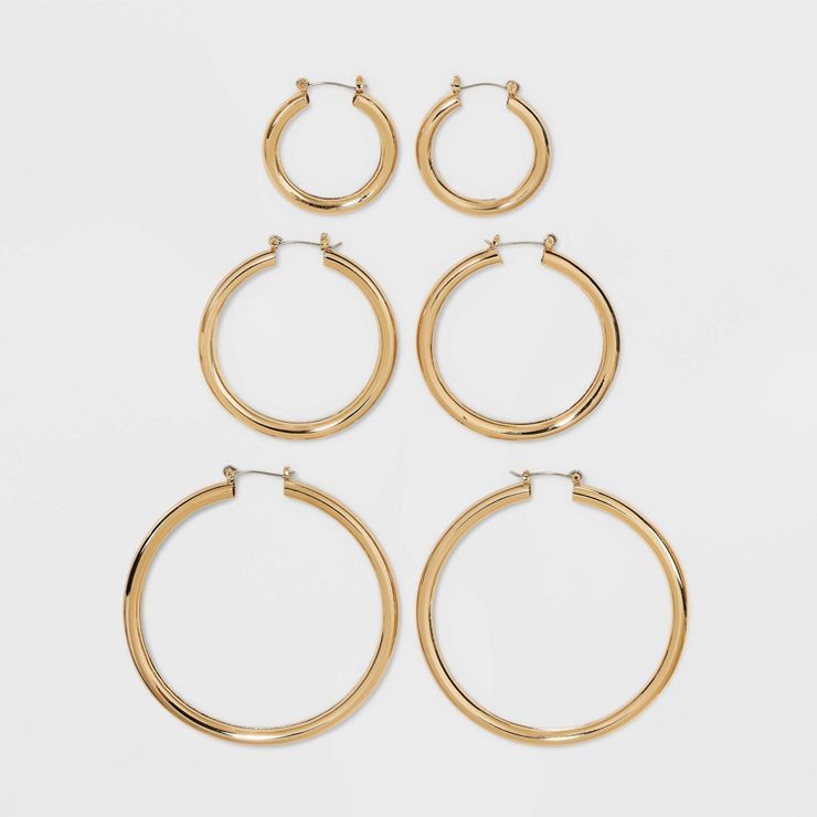 Graduated Tube Cubic Zirconia Hoop Earring Set 3pc - Wild Fable™ Gold | Target