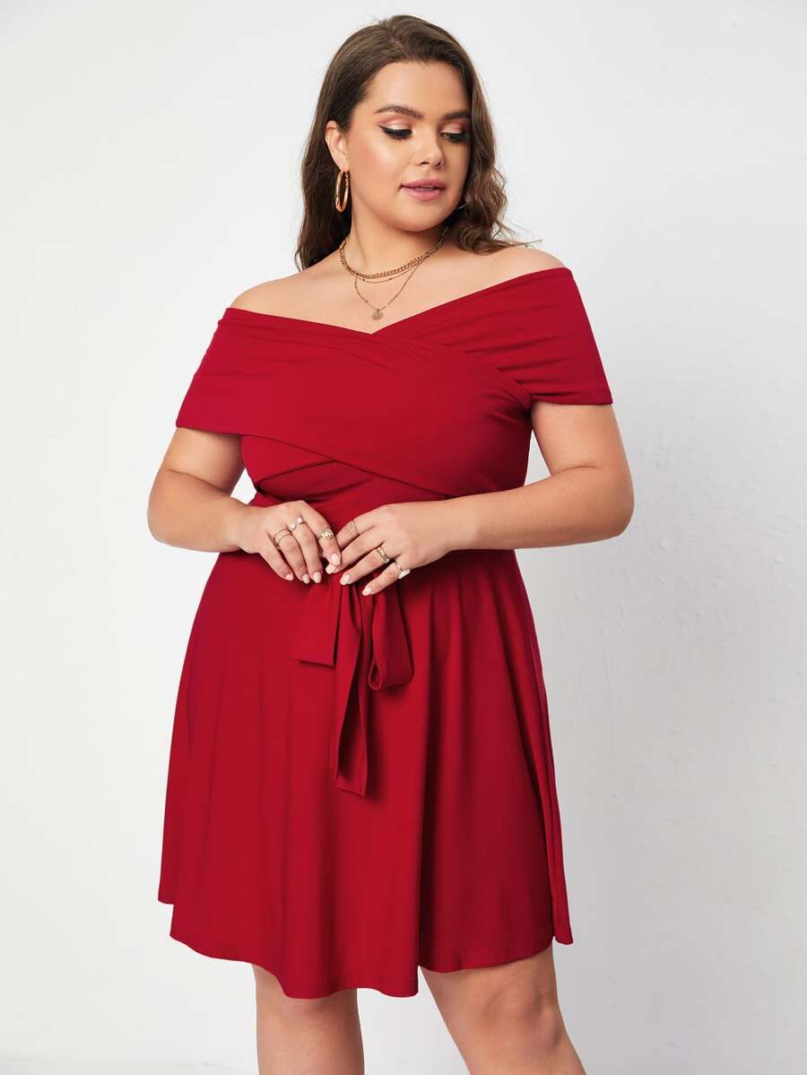 SHEIN Plus Off Shoulder Belted Fit And Flare Dress | SHEIN
