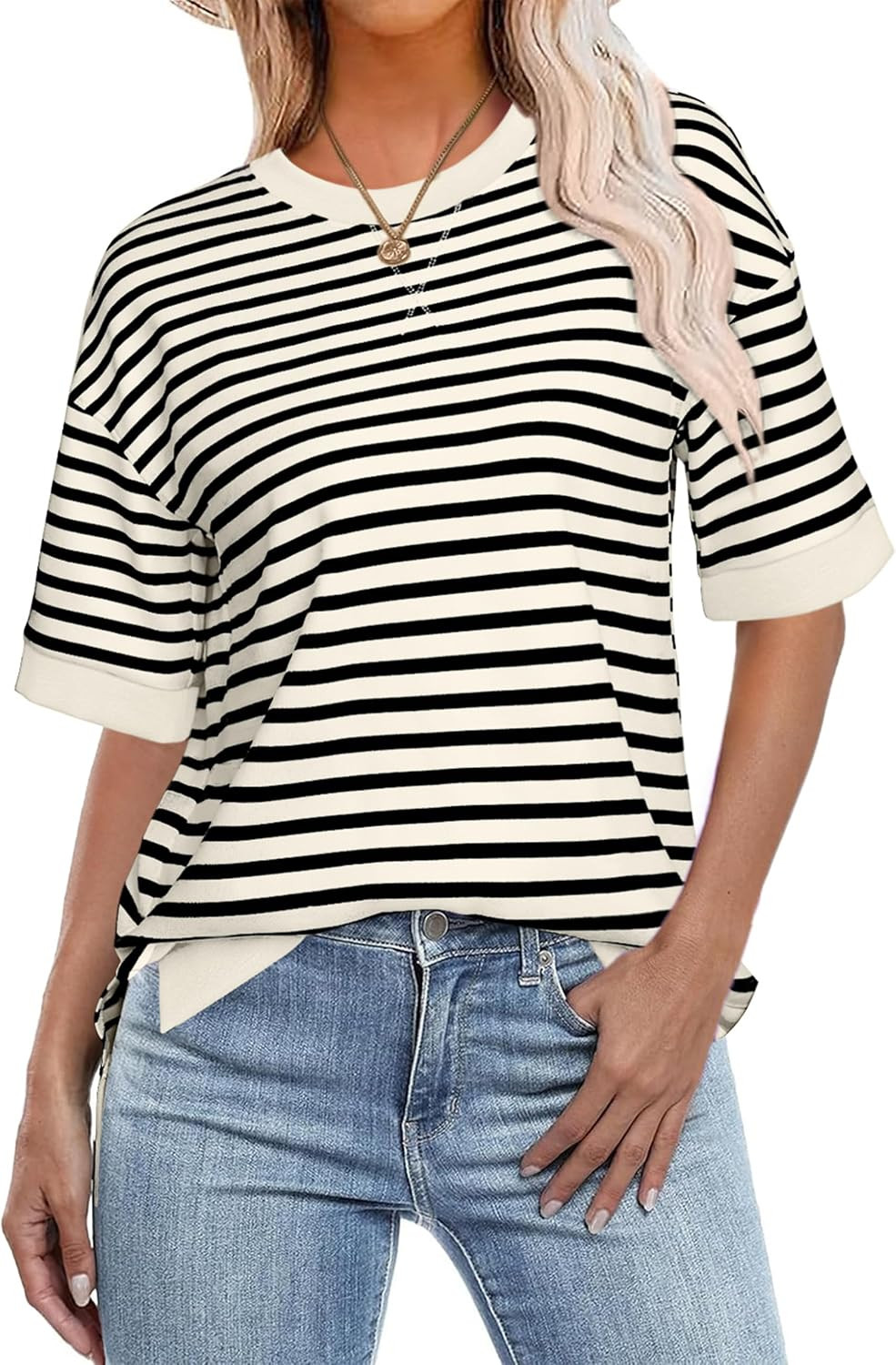 Glamaker Short Sleeve Lightweight Sweatshirt For Women Crewneck Striped Shirt Pullover Tops Loose Blouses | Amazon (US)