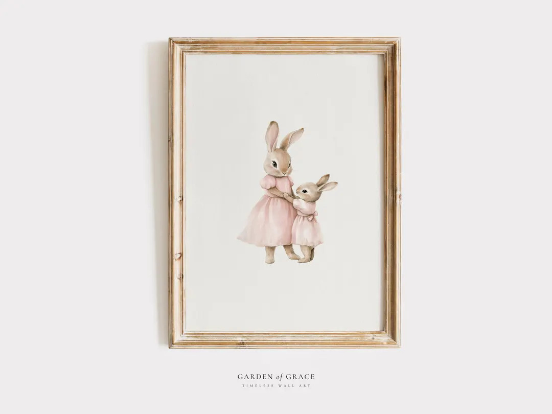 Mom and Girl Rabbit Nursery Wall Art Print | Pink Kid's Room Decor, Antique Soft Pink Toddler Pos... | Etsy (US)