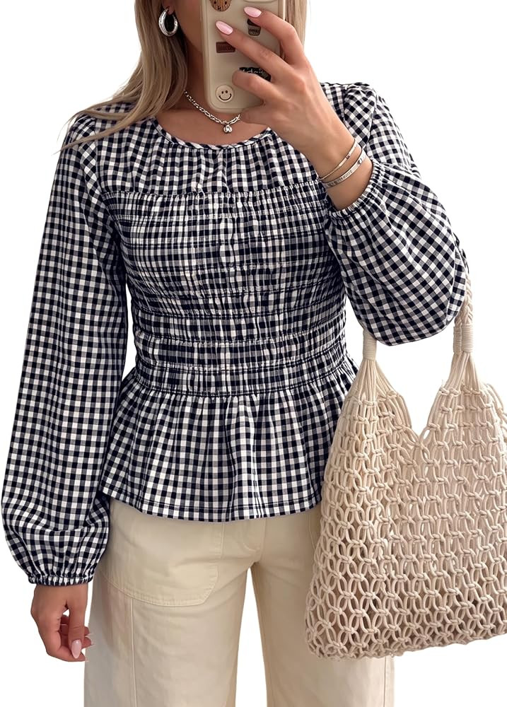 Watashi Women Gingham Smocked Peplum Top Long Sleeve Blouse | Amazon (US)