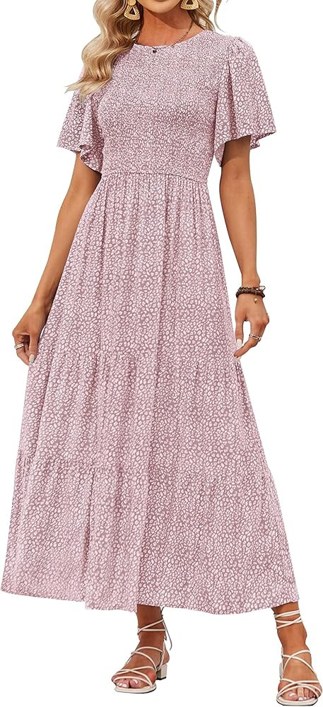 ZESICA Women's 2024 Summer Casual Floral Print Short Flutter Sleeve Crew Neck Smocked High Waist ... | Amazon (US)