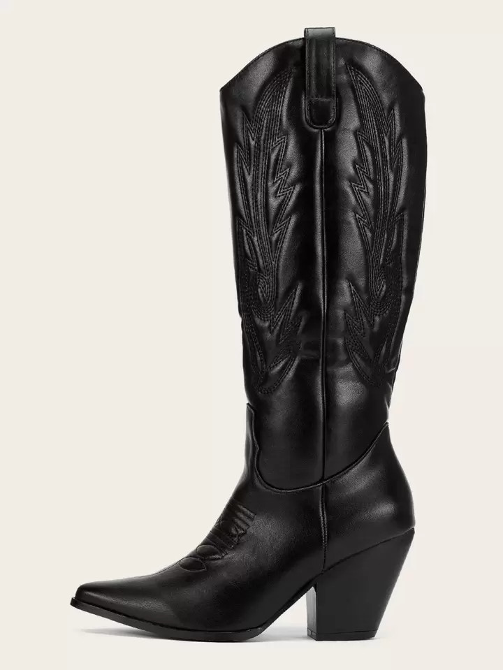 Black Boots, Stitch Detail Point Toe Chunky Heeled Western Boots, Cowboy Boots For Women | SHEIN
