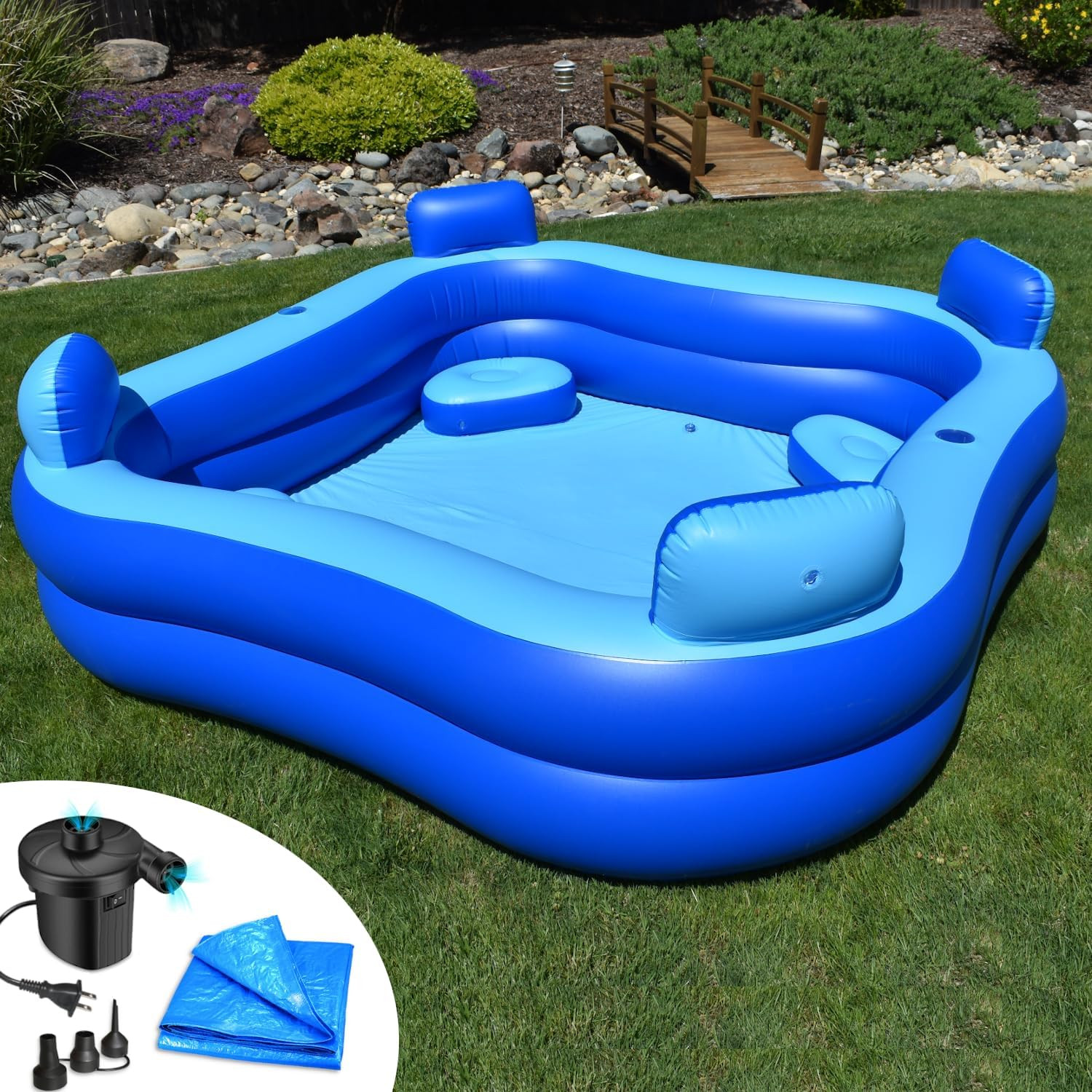 Rukala™ Inflatable Pool with Seats and Headrests 8' x 8' - Bundle - Electric Pump Included - Pr... | Amazon (US)