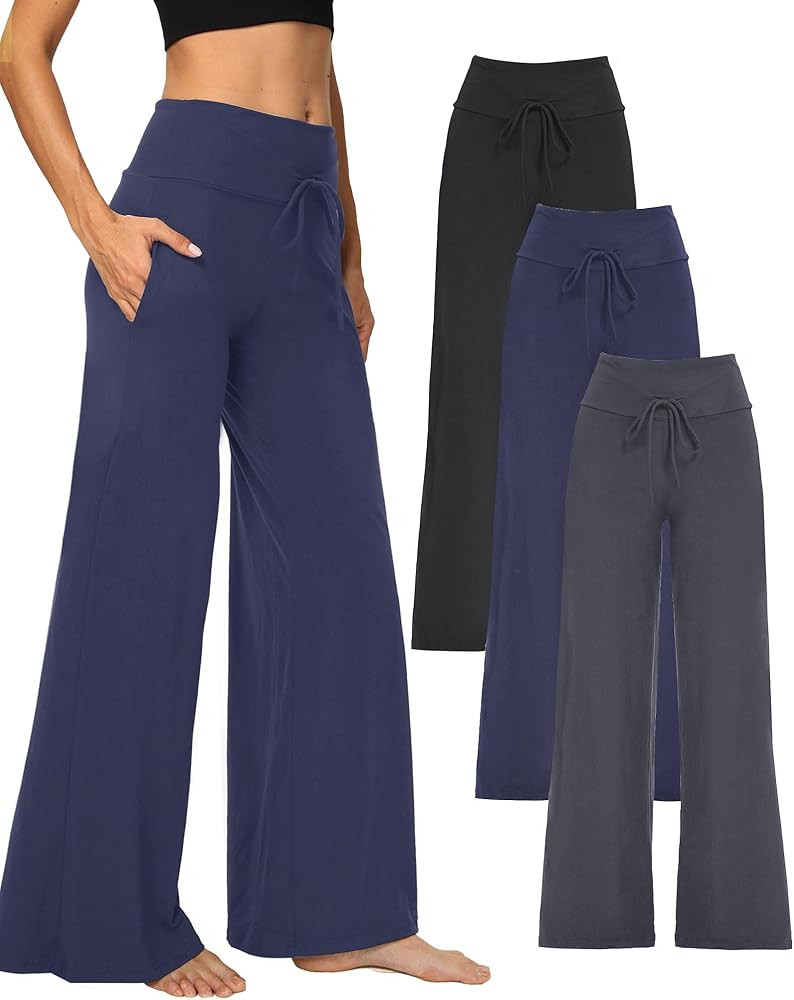 3 Pack Wide Leg Yoga Pants for Women, Comfy Lounge Pajama Sweatpants Loose Causal Palazzo with Po... | Amazon (US)