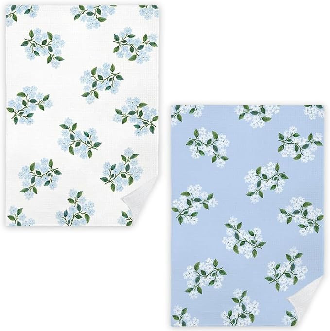 JINYO Blue Hydrangea Floral Kitchen Towels Set of 2, Farmhouse Spring Flower Dish Tea Towels for ... | Amazon (US)
