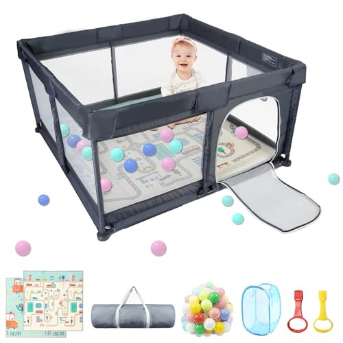 Baby Playpen 50" x 50", Baby Play Pen with Mat Portable Playpen for Babies and Toddlers for Indoor & Outdoor, Sturdy Safety Play Yard with Soft Breathable Mesh, Anti-Fall - DK. Grey | Amazon (US)