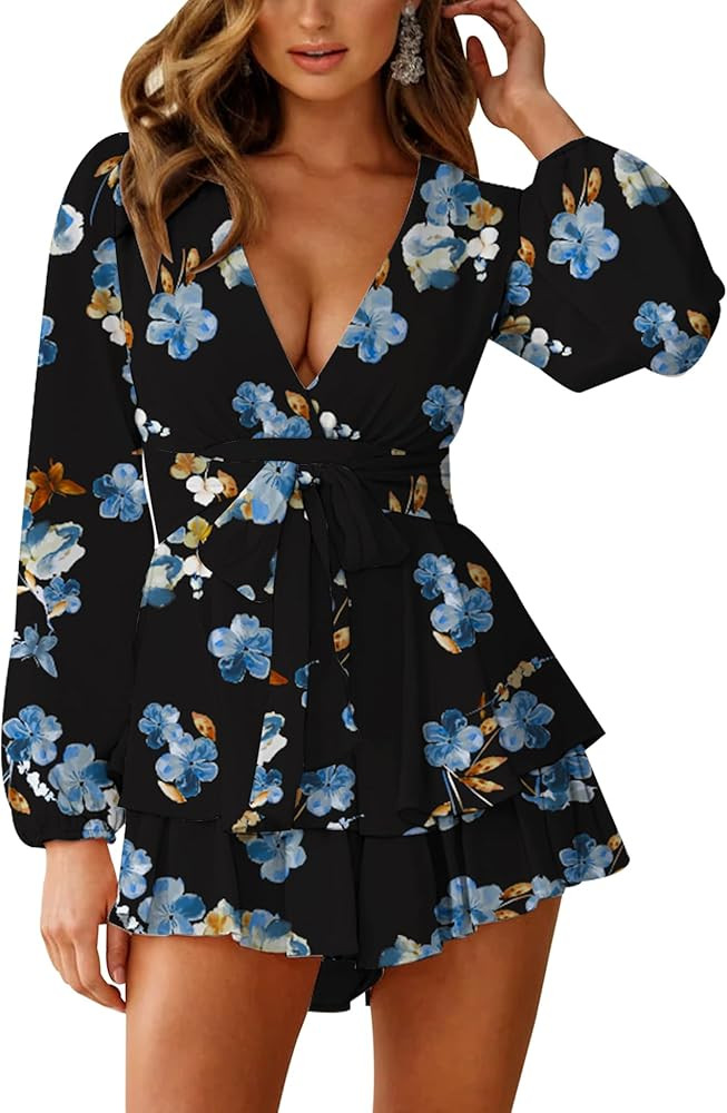 Relipop Womens Floral Print Romper V Neck Long Sleeve Double Layer Ruffle Hem Shorts Jumpsuit 202... | Amazon (US)