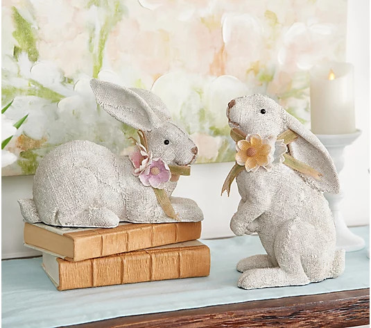 Set of 2 Burlap Bunnies with Flowers by Valerie - QVC.com | QVC