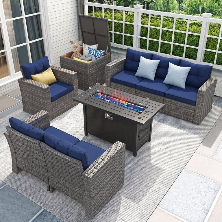JOIVI 8-Piece Wicker Patio Conversation Set with 50,000 BTU Gas Fire Pit Table, Rattan Outdoor Se... | Walmart (US)