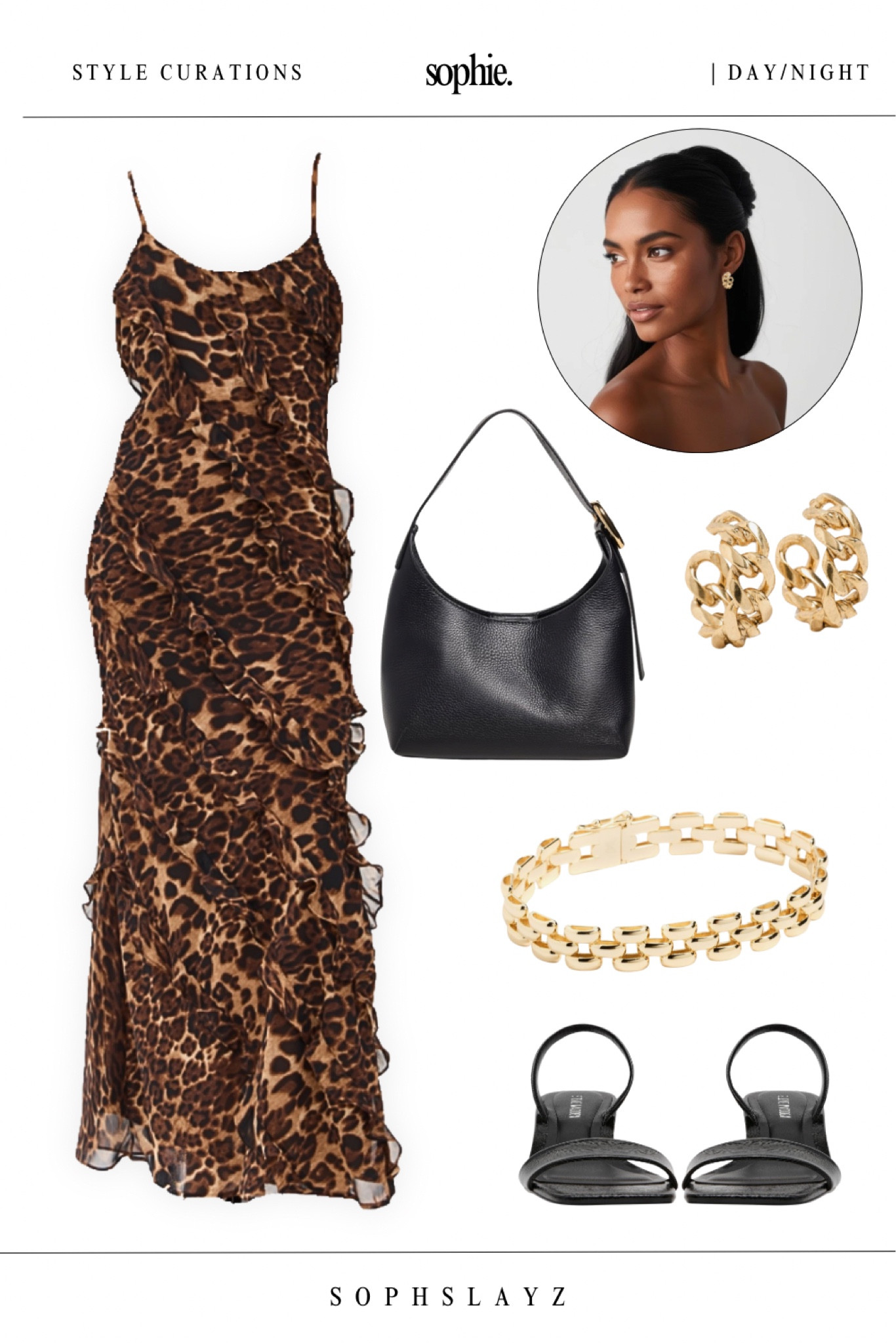 A fabulous day to night outfit curation featuring a leopard print dress, black slingback heeled sandals, and gold jewelry. | date night outfit, sundress 

#LTKStyleTip #LTKItBag #LTKFindsUnder100