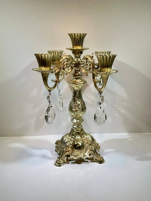 Vintage Brass Candelabra Ornate 5 Arm Crystal Prism Candle Holder Decor | eBay US