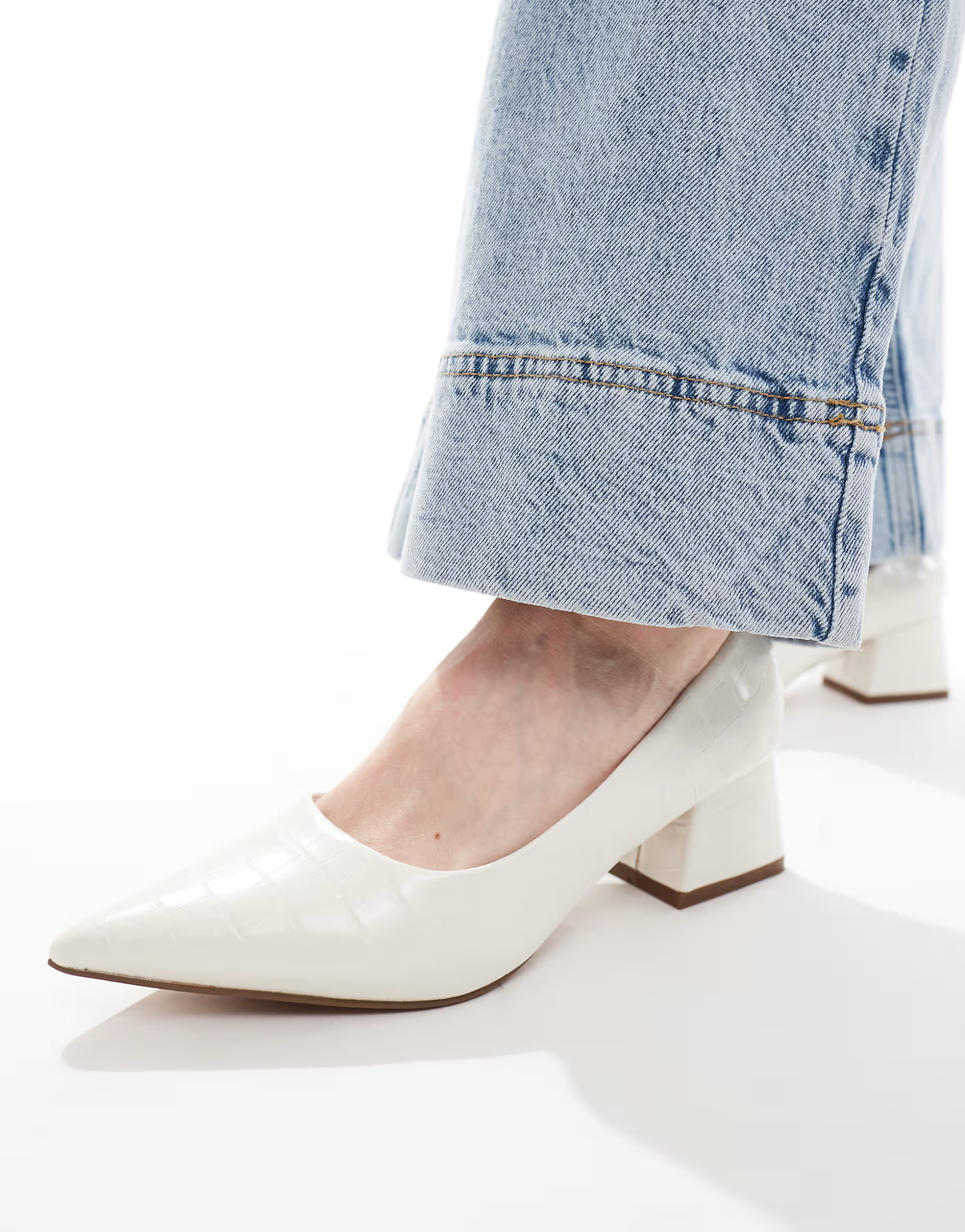 ASOS DESIGN Wide Fit Saint block mid heeled shoes in off white croc | ASOS (Global)