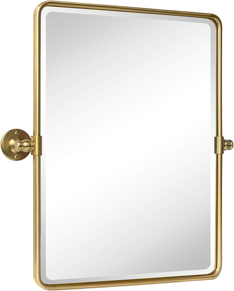 Farmhouse Gold Metal Framed Pivot Rectangle Bathroom Mirror Rounded Rectangluar Tilting Beveled V... | Amazon (US)