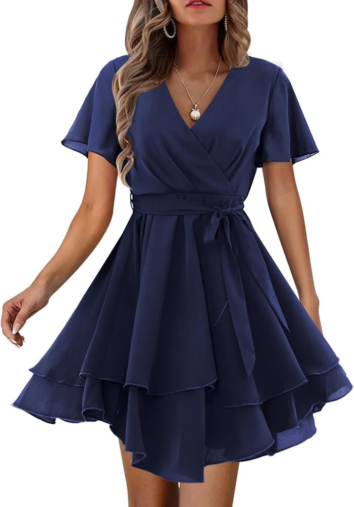 Amoretu Womens' Summer Dress with Short/Long Sleeve Wrap V Neck | Amazon (US)