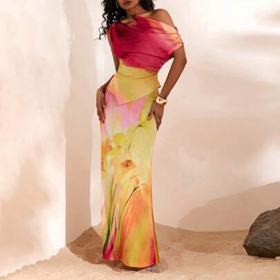 2pcs Set: Solid Color Woven Oblique Collar Top & High Waist Fish Tail Hem Skirt For Women | SHEIN