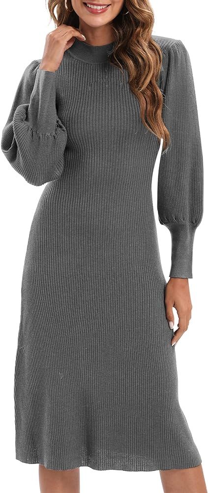 Women Maxi Dress Sexy Crew Neck Puff Long Sleeve Wrap Knit Plus Size Sweater Dress Midi Pullover | Amazon (US)