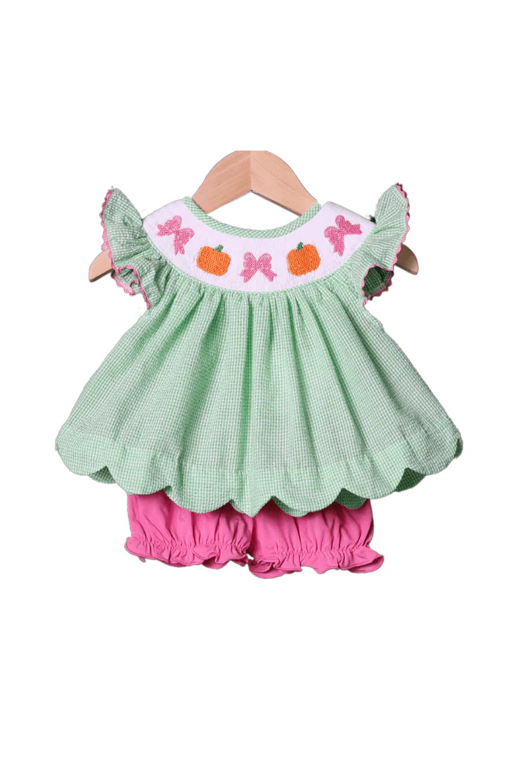 Smocked Pumpkin Green Seersucker Bloomer Set | The Smocked Flamingo