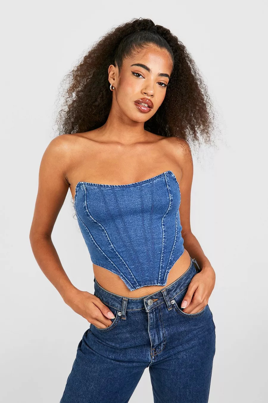 Seamed Detail Cropped Denim Corset Top | boohoo (US & Canada)