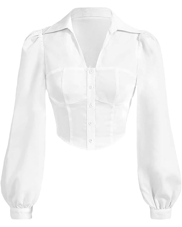 Verdusa Women's Lantern Sleeve Button Front Blouse Collar Neck Plain Shirt | Amazon (US)