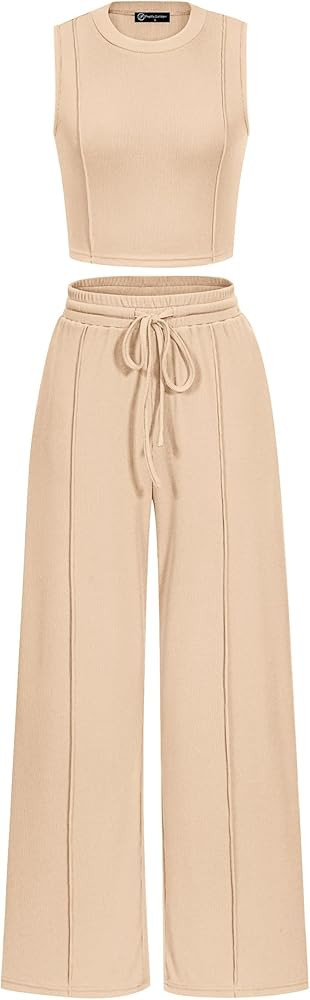 PRETTYGARDEN Womens 2 Piece Summer Ribbed Knit Sleeveless Crop Tank Tops Wide Leg Casual Pants | Amazon (US)