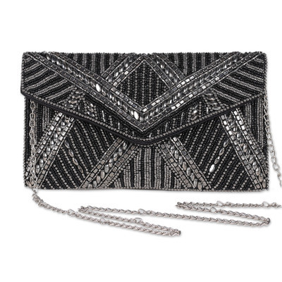 Metallic and Black Beaded Evening Handbag from India | NOVICA