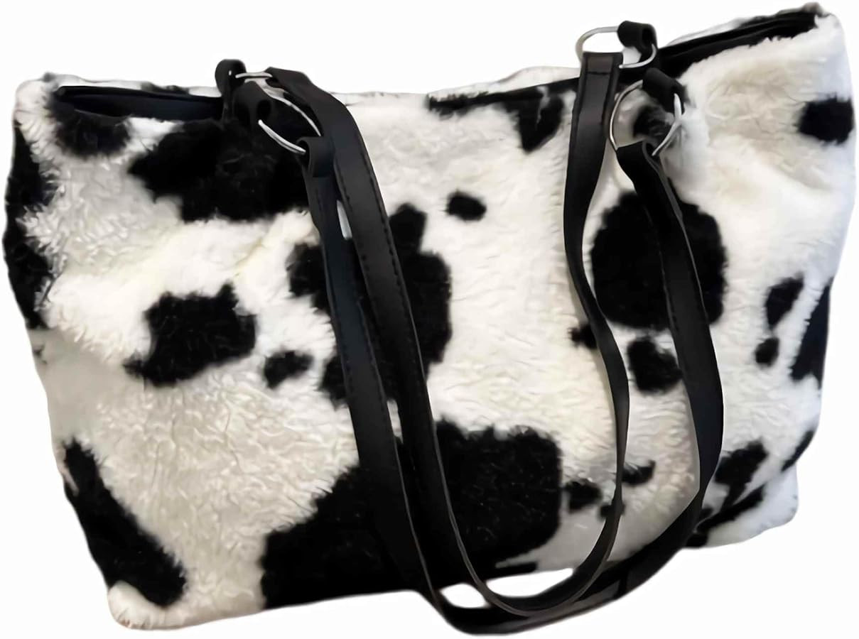 Cow Print Fuzzy Fluffy Shoulder Tote Bag For Women, Furry Purse Large Cute Plush Bag Ladies Faux ... | Amazon (US)