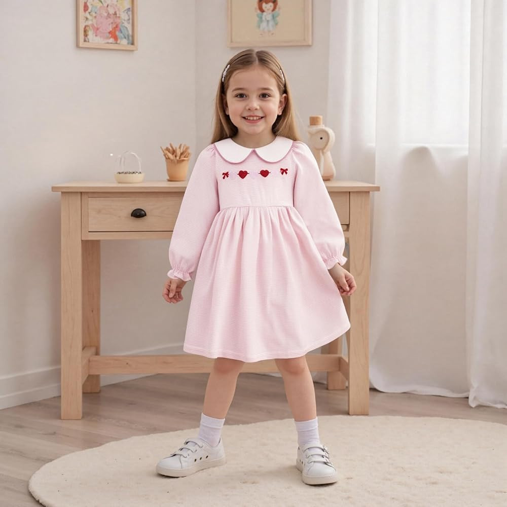 Toddler Girls Valentines Dress Cute Long Sleeve Striped Heart Embroidery Little Kids Holiday Dres... | Amazon (US)
