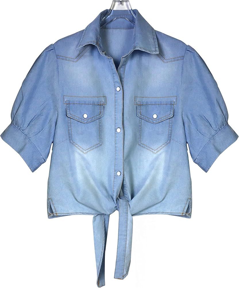 QIBABU Short Puff Sleeve Chambray Jean Shirt for Women Button Up Tie Front Denim Crop Top | Amazon (US)