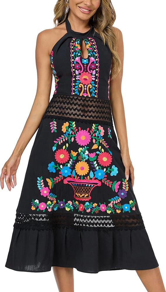 Mexican Dress Embroidered Casual Halter Off Shoulder Maxi Cocktail Dresses Sexy Dress for Women D... | Amazon (US)