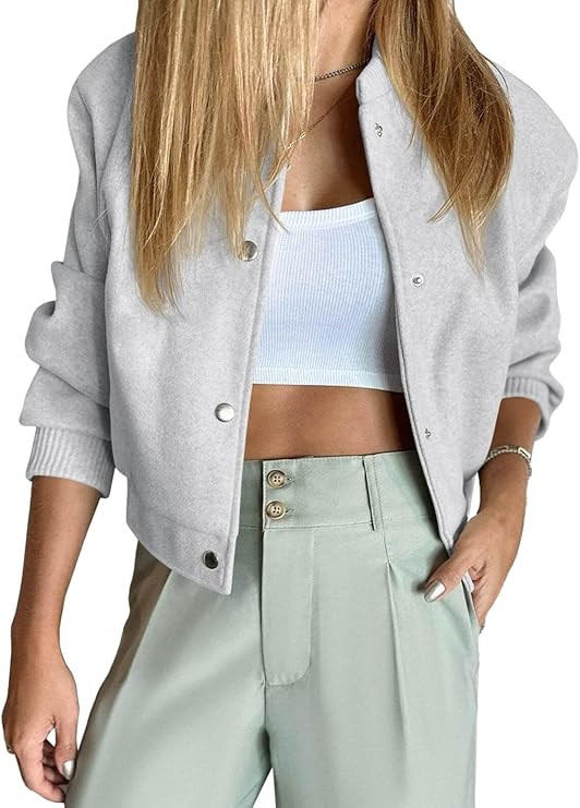 Tankaneo Womens Cropped Bomber Jacket Wool Blend Varsity Short Pea Coats Long Sleeve Button Down ... | Amazon (US)