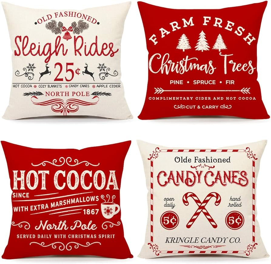 Farmhouse Christmas Pillow Covers 18x18 Set of 4 Winter Holiday Decorations Xmas Red White Rustic... | Amazon (US)