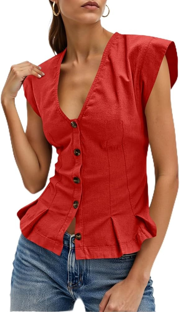 Cicy Bell Womens Deep V Neck Vest Tops Cap Sleeve Cropped Ruffle Shirts Button Up Cotton Fitted B... | Amazon (US)