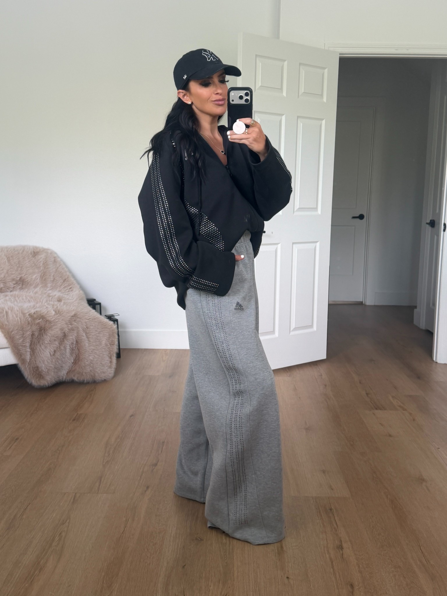 adidas Teamgeist Rhinestone Track Top - Black wearing size small. adidas TEAMGEIST RHINESTONE TRACKPANTS - Grey wearing size small. Kids og embellished samba sneakers. I googled how to convert womens to kids sizes. I wear women’s size 8.5 and wear a size 7 in kids