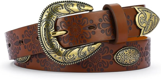 Western Belt For Women Stylish Brown Cowboy Vintage Belt With Retro Floral Carved Design cowgirl ... | Amazon (US)