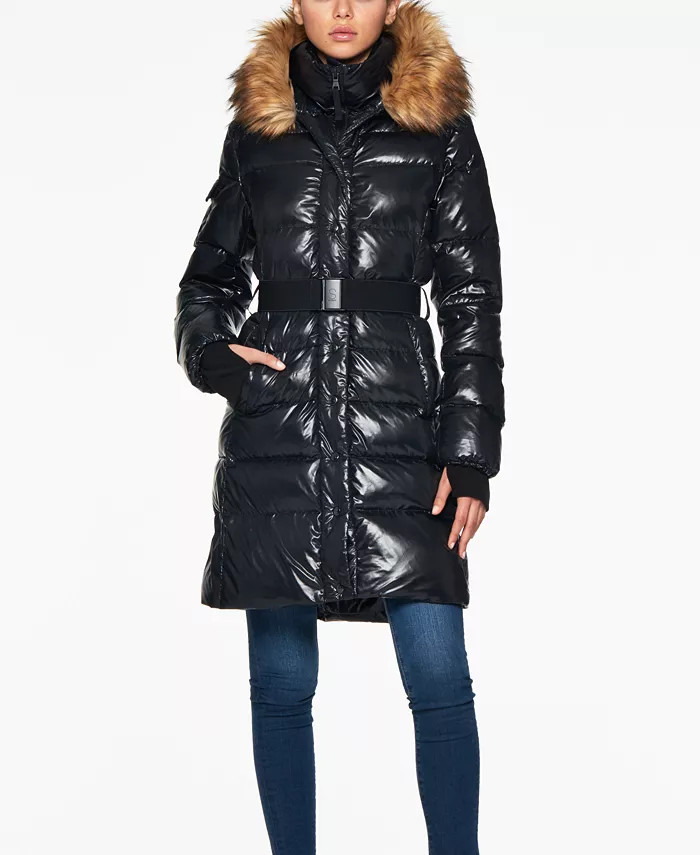 S13 Women's Chalet Belted Faux-Fur-Trim Hooded Puffer Coat - Macy's | Macy's