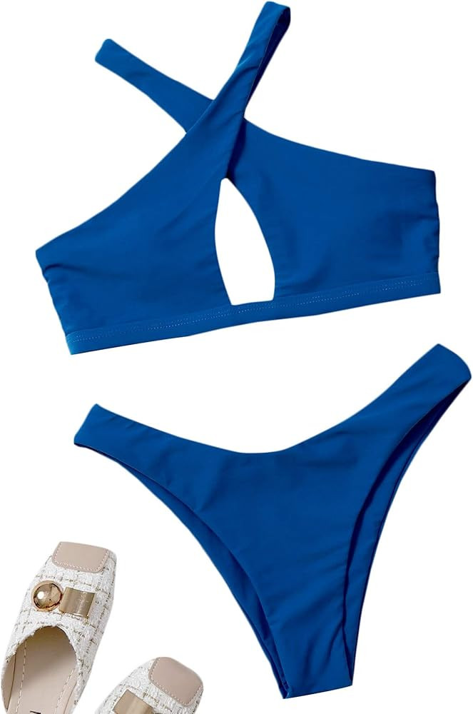MakeMeChic Women's Cut Out Cross Halter Top & Thong 2 Piece Bikini Set Sexy Bathing Suit | Amazon (US)