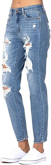 Judy Blue Women's High Waist Distressed Slim Boyfriend Jeans | Amazon (US)