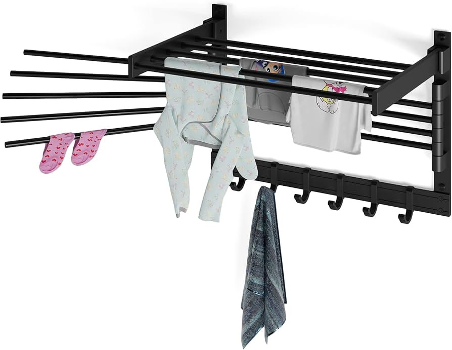 brightmaison BGT Wash Clothes Drying Rack Wall Mount Laundry Room Organizer with Hooks & Swing Ar... | Amazon (US)