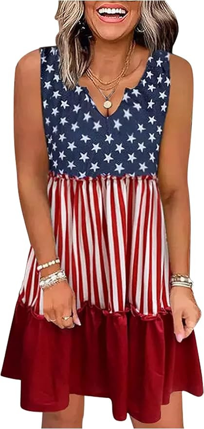 CHUNTIANRAN American Flag Star Vertical Striped Ruffled Mini Dress Women 4th of July Patriotic Dr... | Amazon (US)
