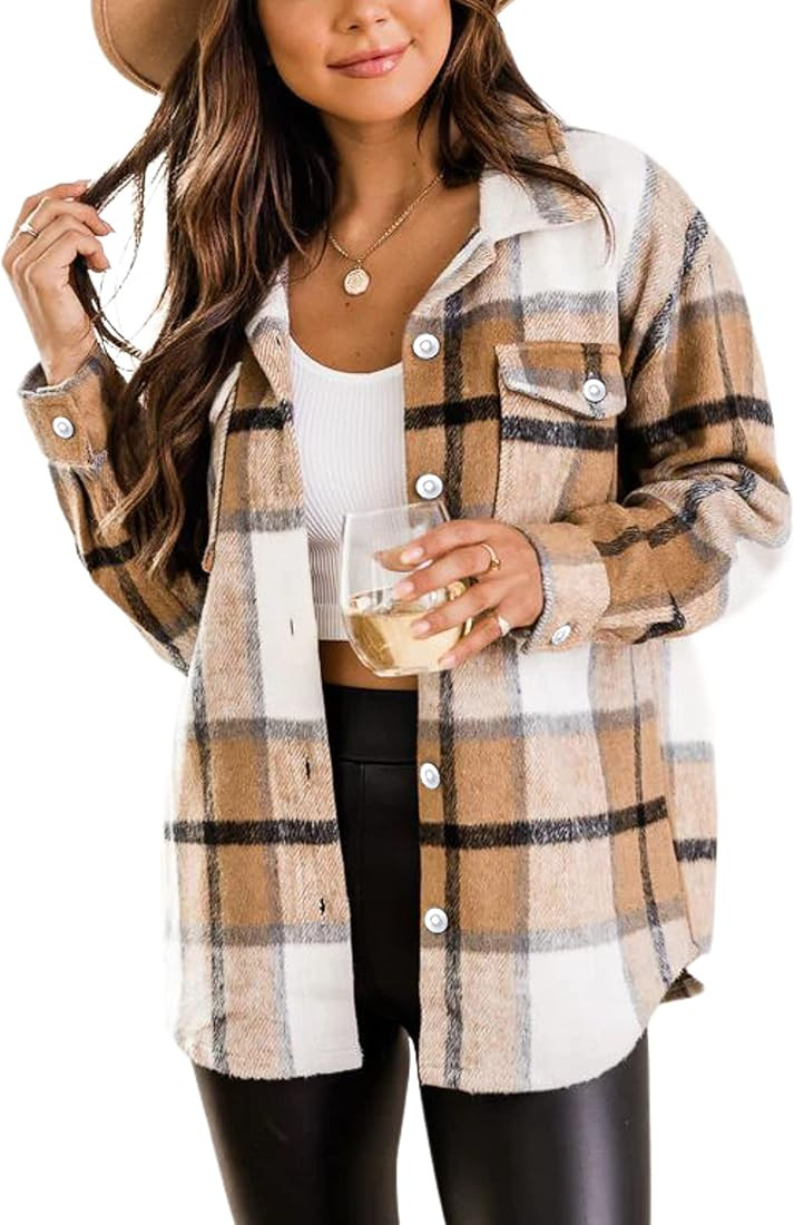 Tanming Womens Brushed Flannel Plaid Lapel Button Short Pocketed Shacket Shirts Coats | Amazon (US)