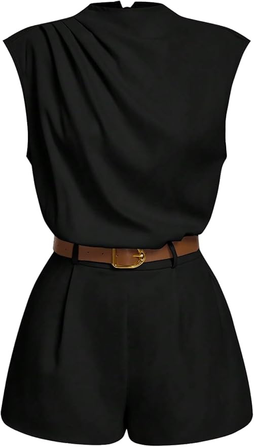 SOLY HUX Women's Summer Ruched Mock Neck Cap Sleeve Belted Short Romper | Amazon (US)