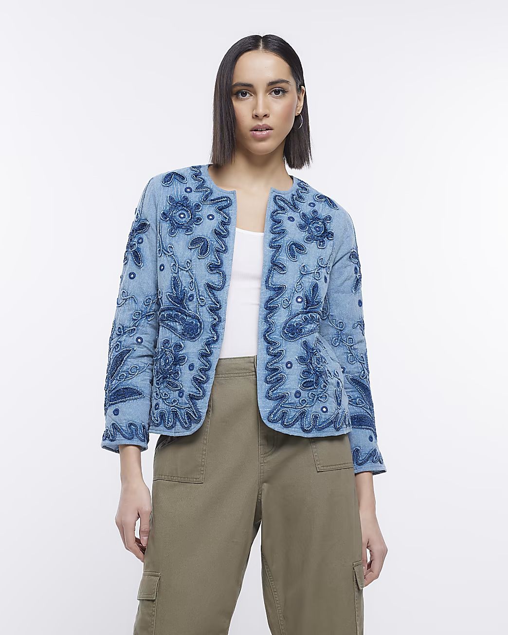 Blue embroidered coat | River Island (UK & IE)