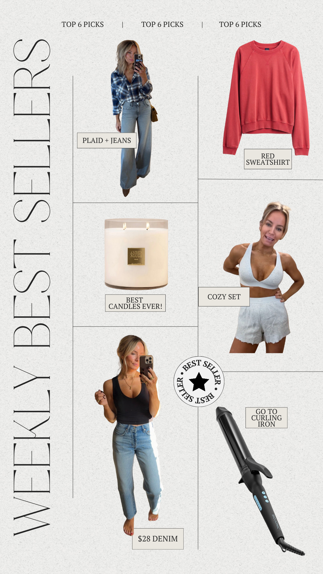 WEEKLY TOP SIX PICKS 

1. PLAID & DENIM LOOK
2. MY MOST FAVORITE CANDLES - Code JESSICAB15
3. TARGET DENIM JUST AS GOOD AS AGOLDE
4. RED GAP CREWNECK
5. LOVING THIS COZY SET FROM ABERCROMIBE
6. BEST. CURLING IRON. EVER! 

 