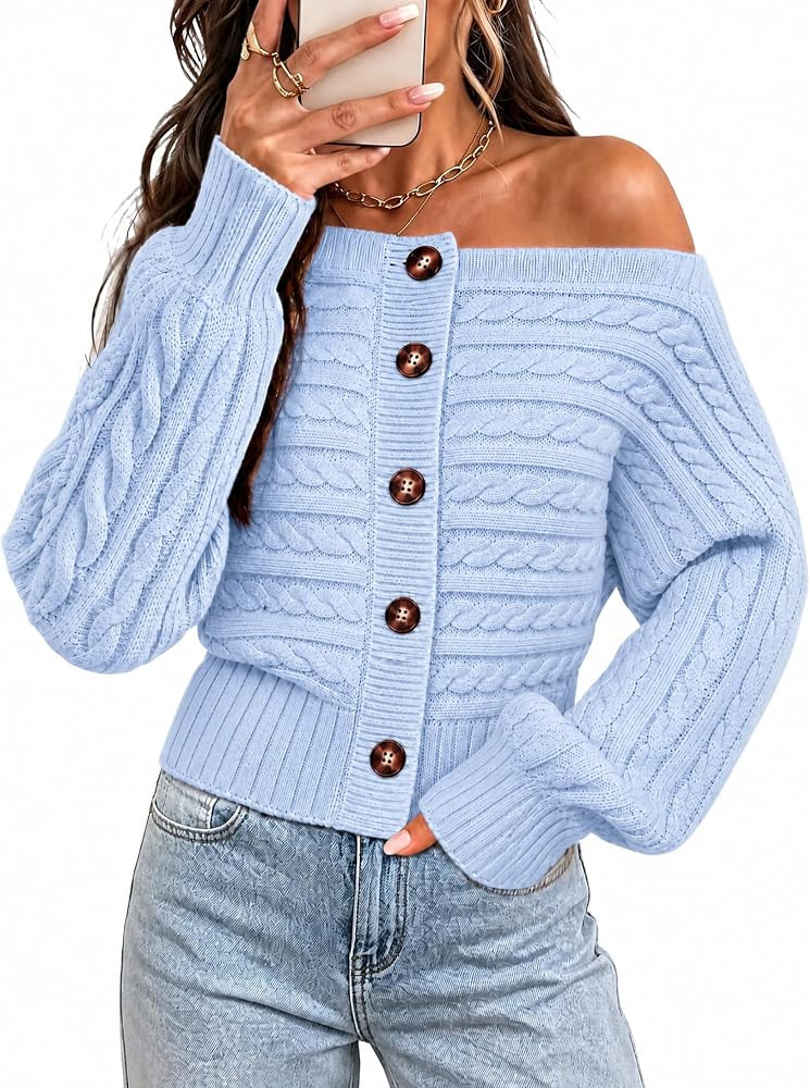 Cicy Bell Women Off The Shoulder Sweater Long Sleeve Button Knit Pullover | Amazon (US)
