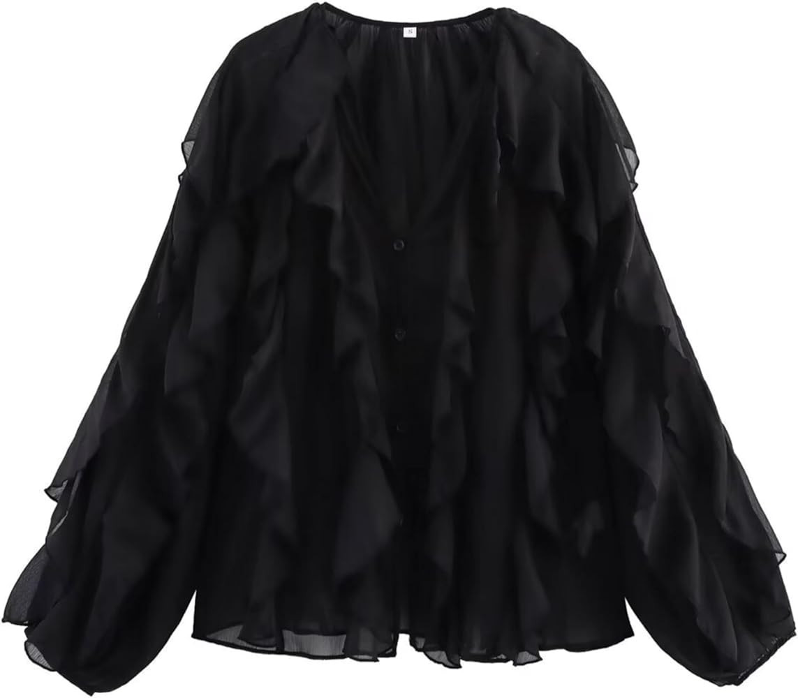 HangNiFang Ruffled Multi-Layered Summer Blouse for Women Trendy Semi See Through V-Neck Long Slee... | Amazon (US)