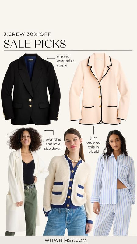 J.Crew 30% off sale:
Gold button blazer
Sweater blazer 
Long sweater jacket
Gold button cardigan 
Classic striped PJs

#LTKsalealert #LTKSeasonal