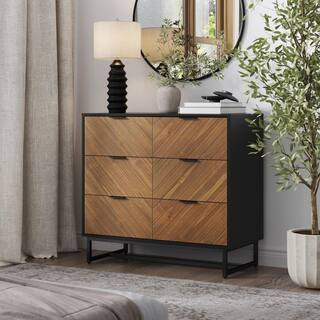Enloe Brushed Fir 3-Drawer 37 in. Bohemian Dresser with Herringbone Accent, Wood Veneer Finish, Metal Legs and Handles | The Home Depot